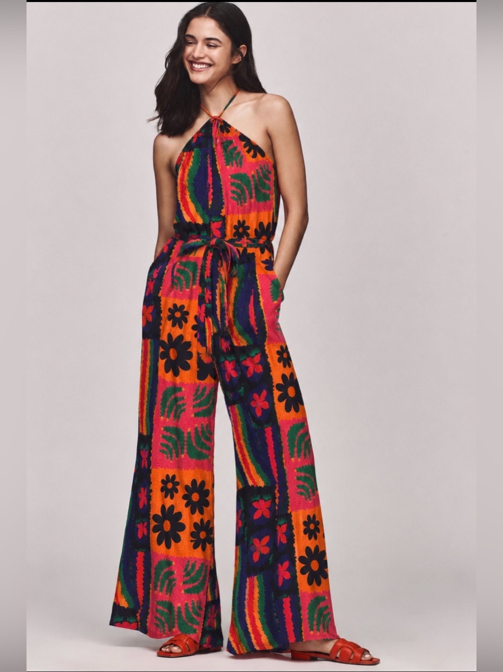 Farm Rio Anthropologie Halter Jumpsuit Printed Small